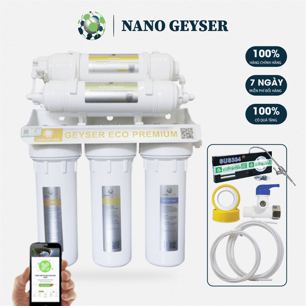 Máy lọc nước Nano Geyser Eco Premium 7 cấp, không điện không nước thải, diệt khuẩn, miễn phí lắp đăt và bảo hành 60 tháng
