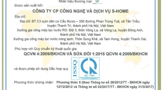 Chứng nhận chất lượng của sản phẩm NanoGeyser