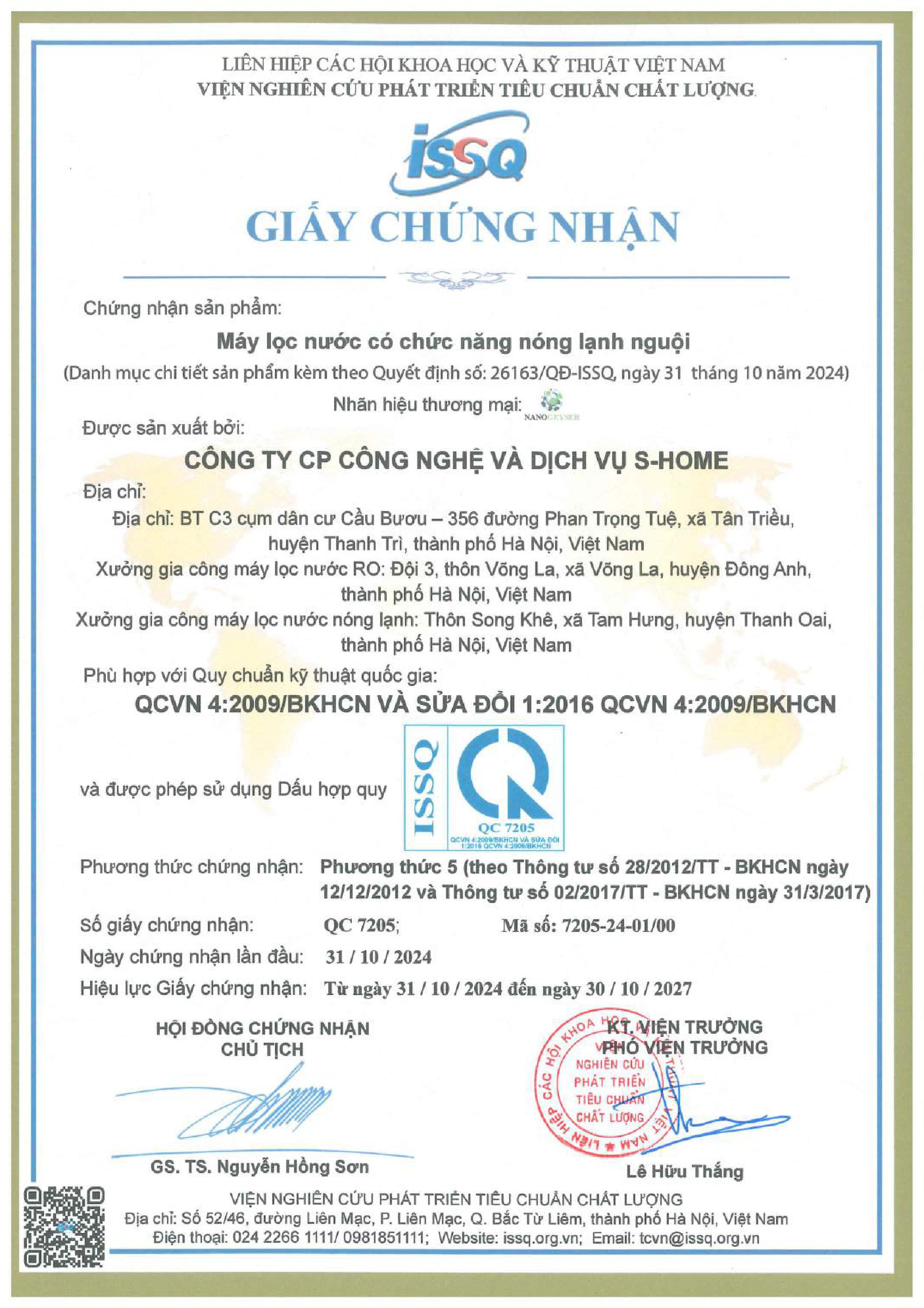 Chứng nhận chất lượng của sản phẩm NanoGeyser